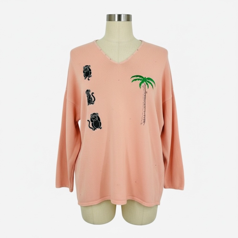 VON V-Neck Monkey Palm Tree Rhinestone Cotton Knit Sweater Pink XL‎